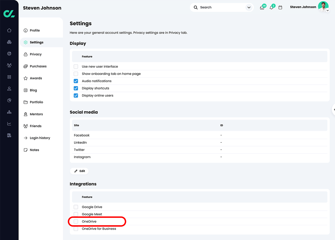 User profile, Settings, Integrations options showing the OneDrive setting highlighted