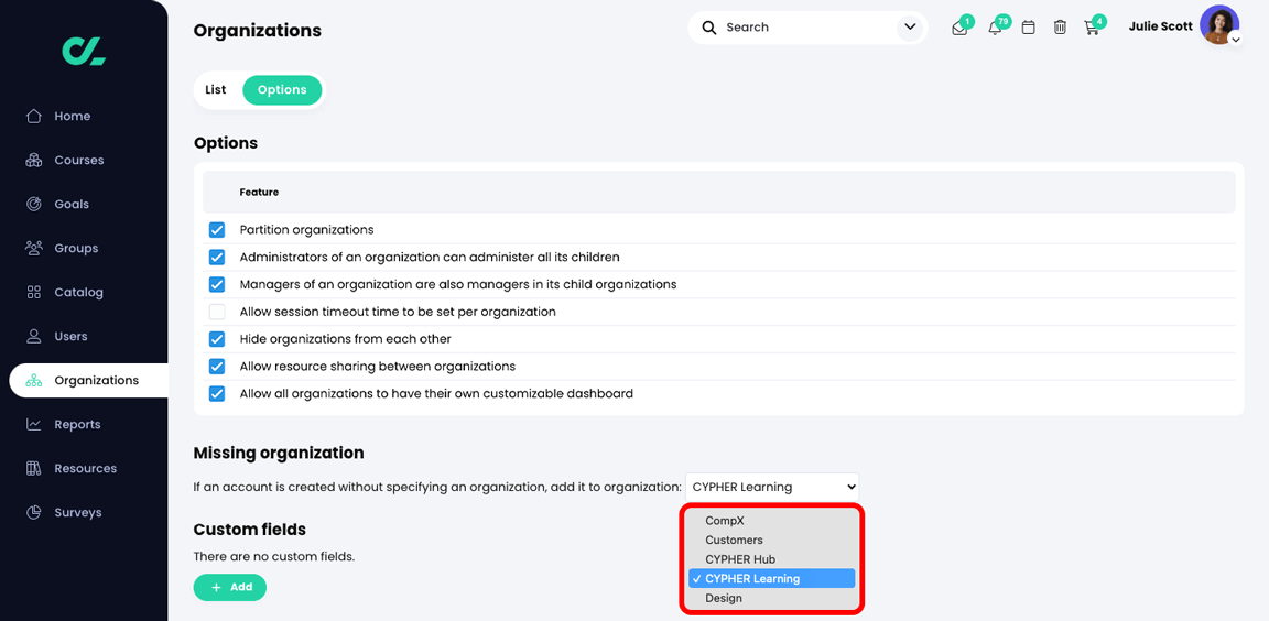 Organizations, Options tab with the Missing organization menu active and highlighted
