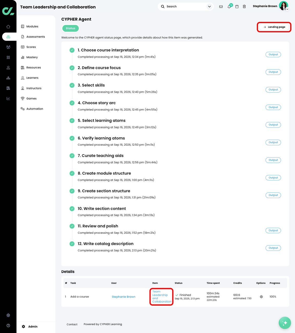 CYPHER Agent status page with the course title highlighted in the Details table and the Landing page button highlighted