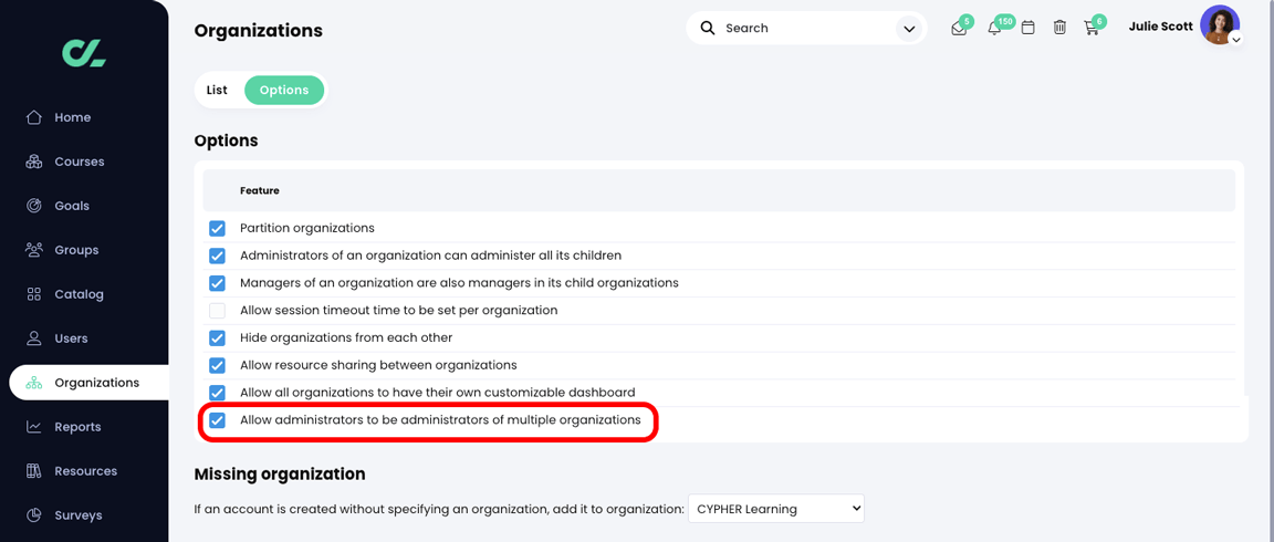 Organizations, Options tab with the Allow administrators to be administrators of multiple organizations setting selected and highlighted