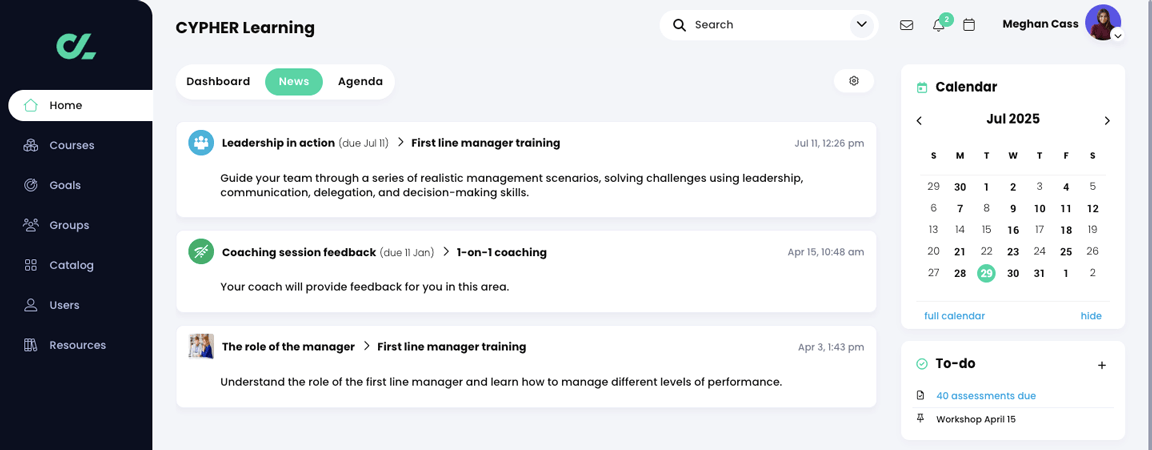 Home page, News feed with three items in the feed