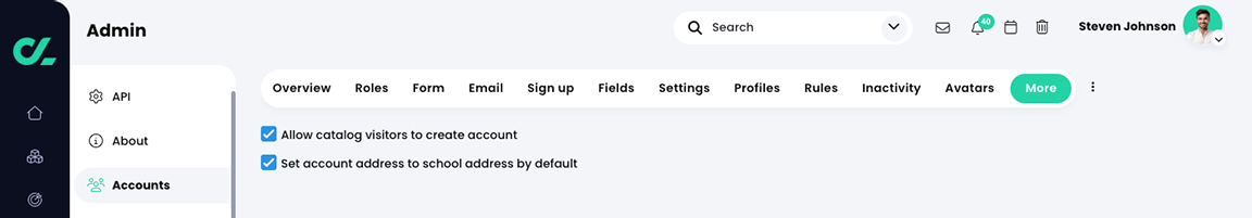 Admin, Accounts, More tab with both options selected