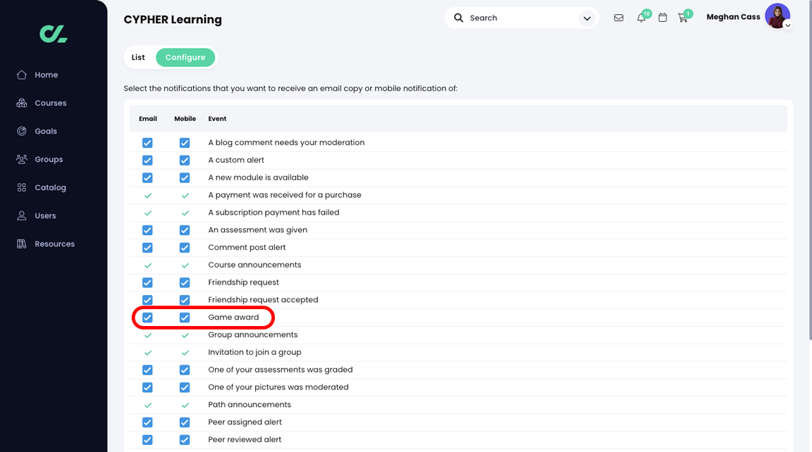 Notifications, Configure page showing Game award option highlighted