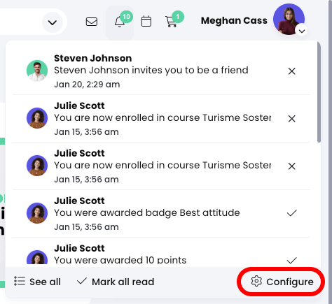 Notifications drop-down with the Configure button highlighted