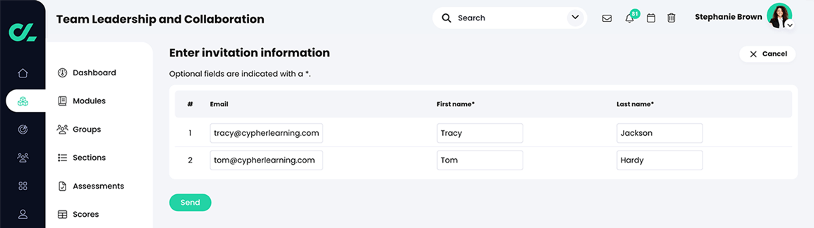Enter invitation information page with two user invitations entered