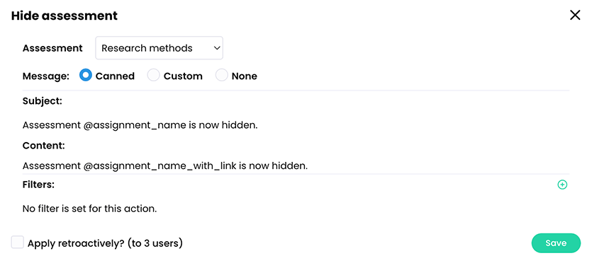 Hide assessment pop-up with an Assessment selected