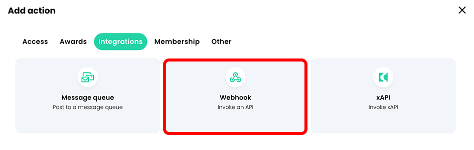 Add action pop-up, Integrations pop-up with the Webhook button highlighted