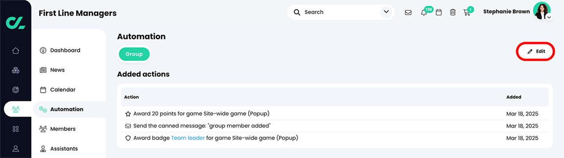 Group, Automation page with the Edit button highlighted