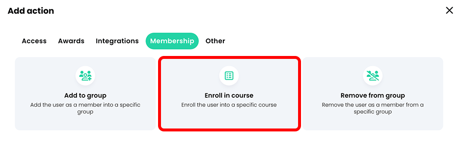 Add action pop-up, Membership tab with the Enroll in course button highlighted