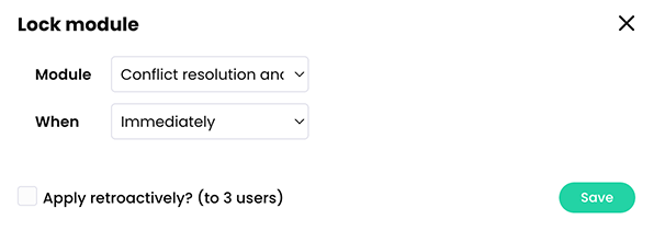 Lock module pop-up with a module selected to lock immediately