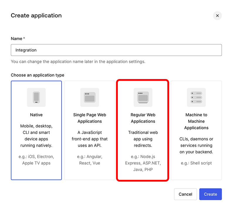 Auth0, Create application pop-up with the Regular Web Applications button highlighted
