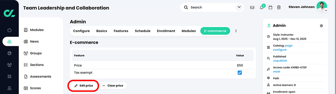Course, Admin, E-commerce with the Edit price button highlighted