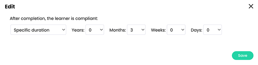 Edit pop-up for a compliance duration