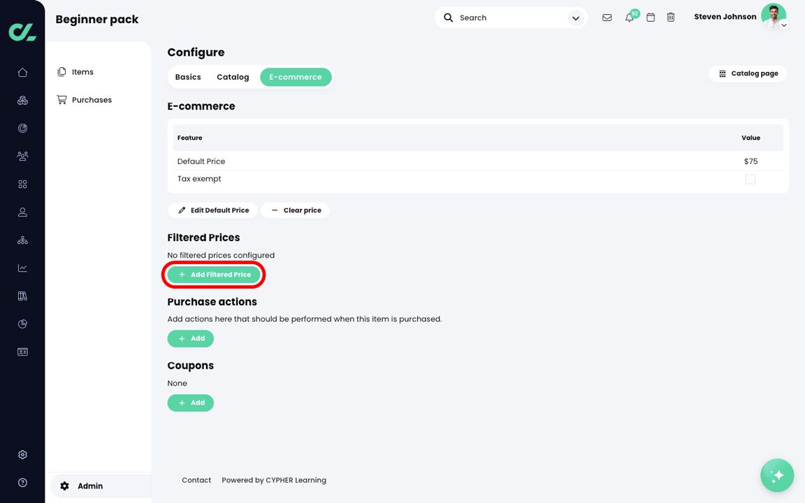 Admin, E-commerce, Bundle, Configure page, E-commerce tab with the Add Filtered Price button highlighted