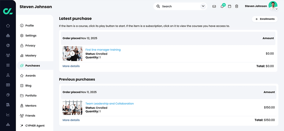 Profile, Purchases page with two purchased courses displaying
