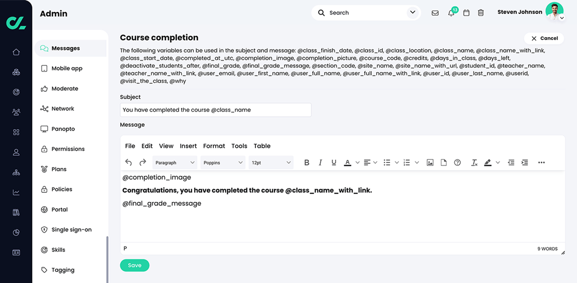 Admin, Messages, Course completion message in edit mode