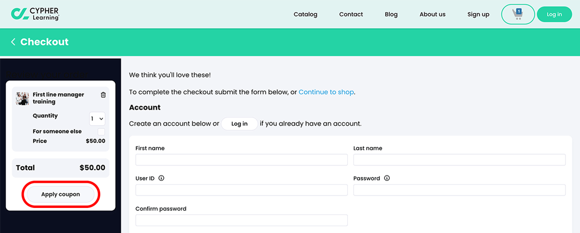 Visitor view, Checkout page with a course added and the Apply coupon button highlighted