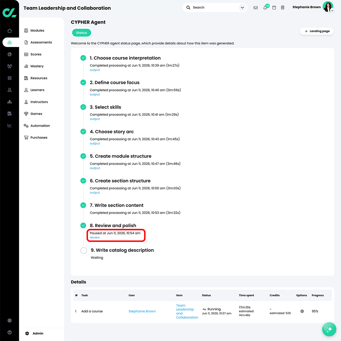 CYPHER Agent status page with the review button highlighted in the Review and polish section