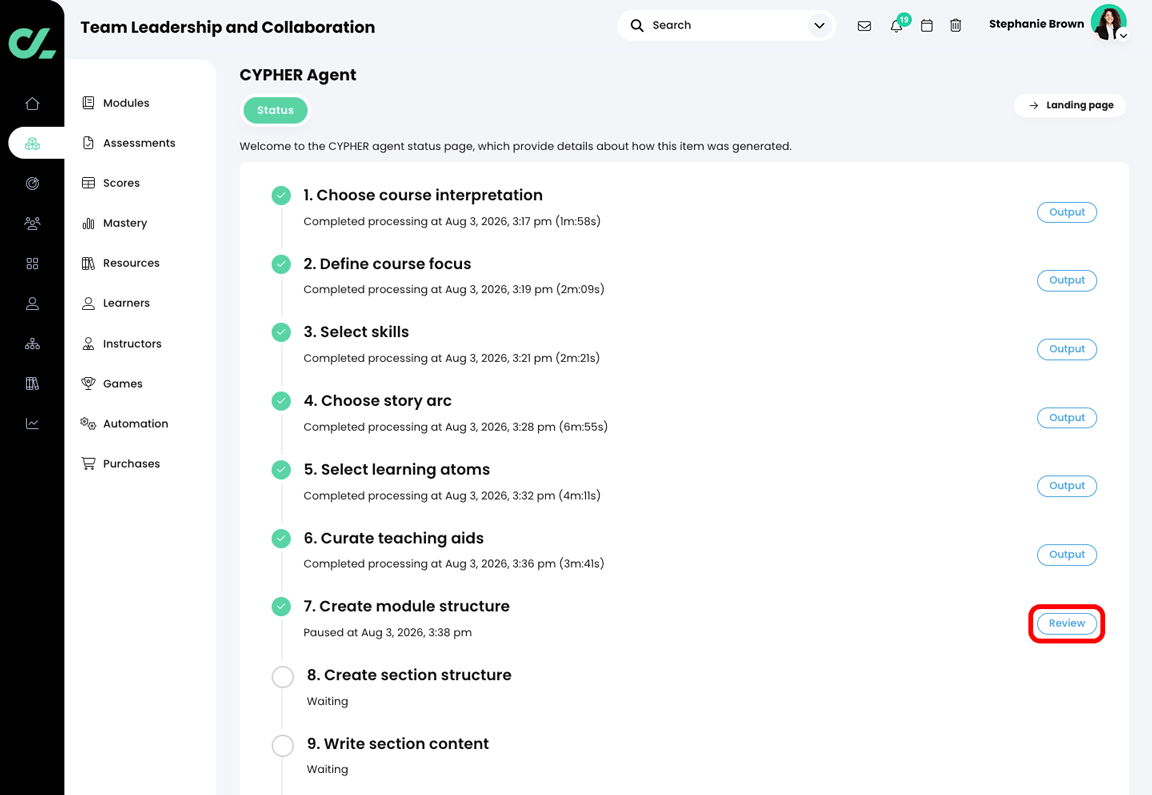 CYPHER Agent status page with the Review button highlighted in the Create module structure section