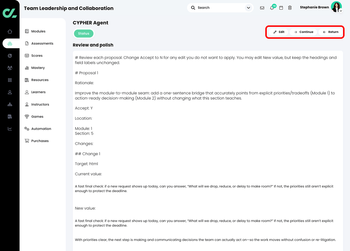 CYPHER Agent Review and polish Markdown file, with the Edit, Continue, and Return buttons highlighted