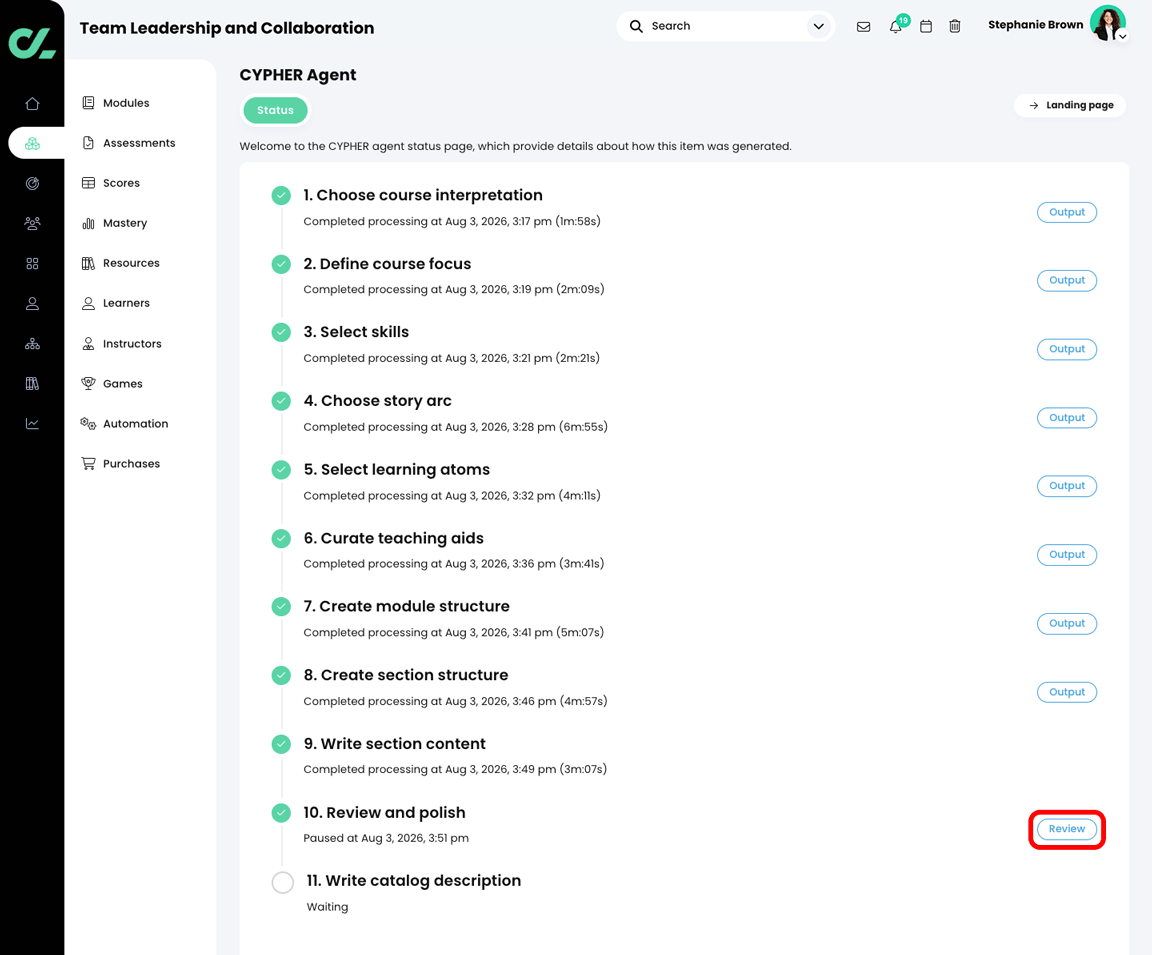CYPHER Agent status page with the Review button highlighted in the Review and polish section
