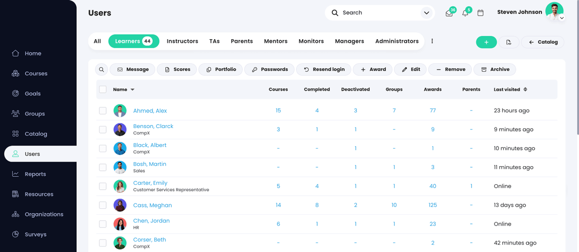Utilizatori, pagina Cursanți care afișează lista cursanților