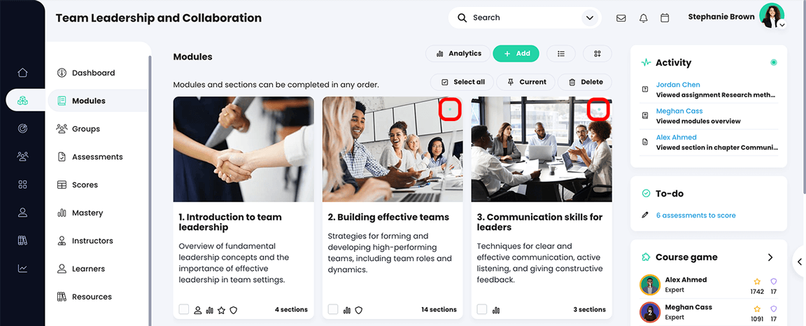 Course, Modules page with the pulsing activity dots on module tiles highlighted