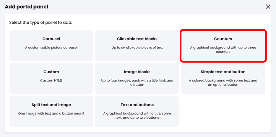Add portal panel pop-up with the Counters button highlighted
