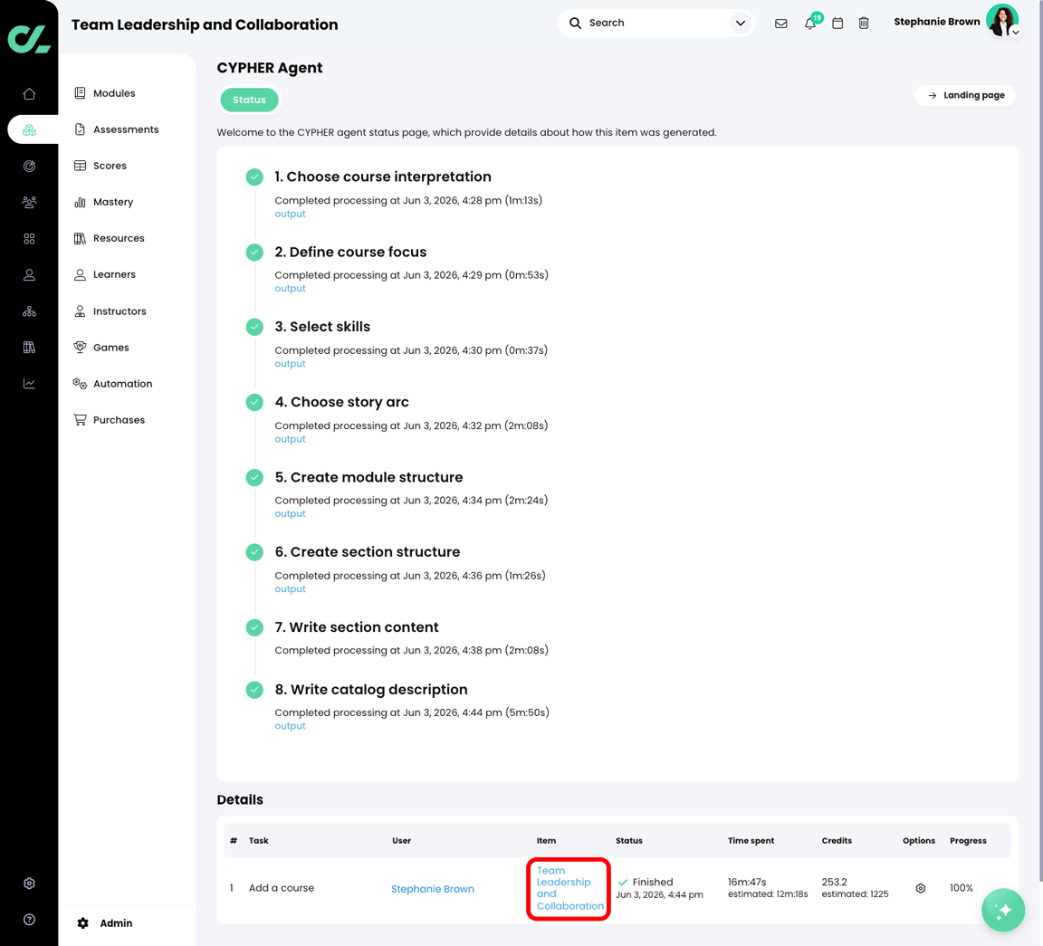 CYPHER Agent status page with the course title highlighted in the Details table