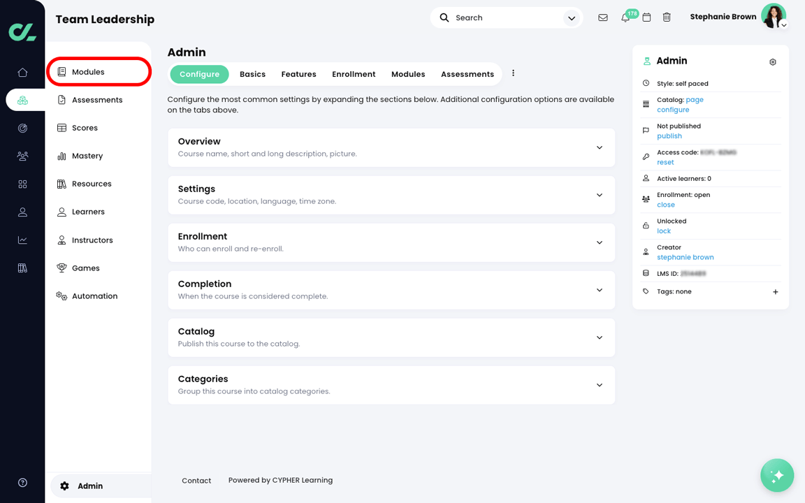 Course, Admin, Configure tab with the Modules button highlighted on the secondary menu