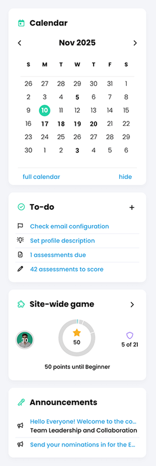 Right panel with the Calendar, To-do, Site-wide game, and Announcements widgets displayed