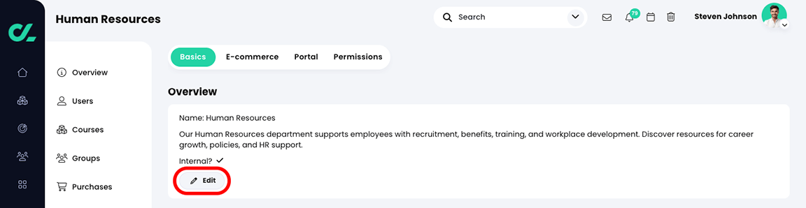 Organization, Admin, Basics tab with the Edit button highlighted