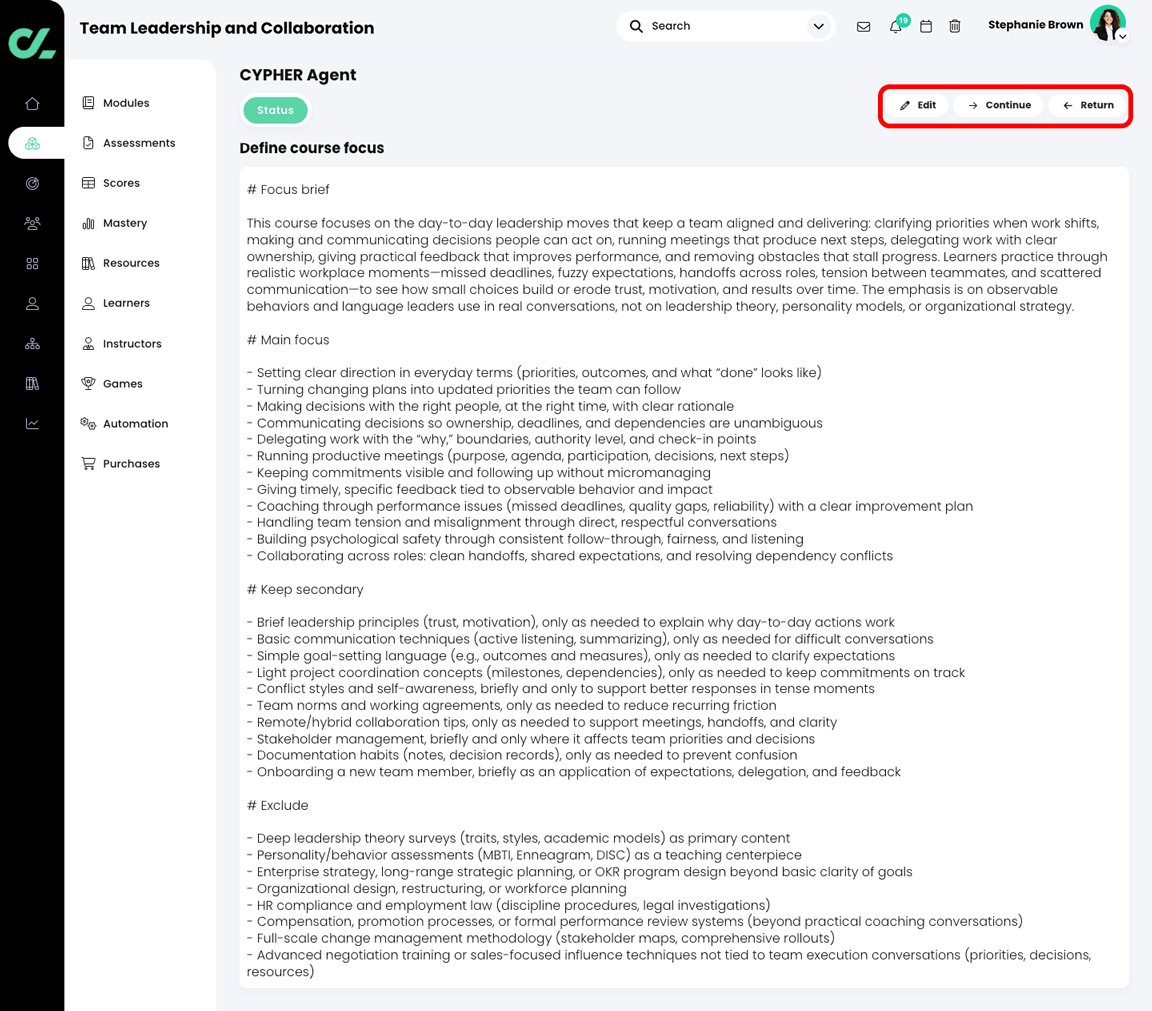 CYPHER Agent Define course focus Markdown file, with the Edit, Continue, and Return buttons highlighted