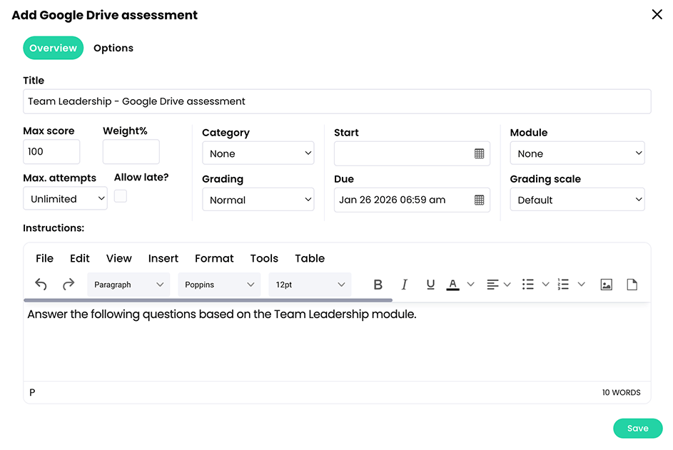 Add Google Drive assessment pop-up