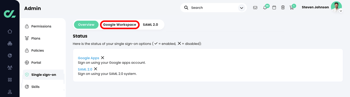 Admin, Single sign-on page with the Google Workspace tab highlighted