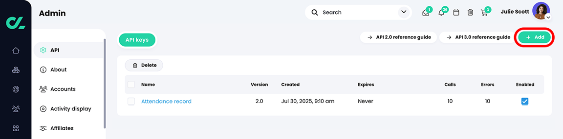 Admin, API page with the Add button highlighted