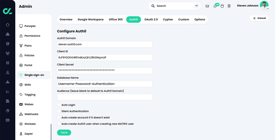 Admin, Single sign-on, Auth0 tab, Configure Auth0 page with example values in the Auth0 Domain, Client ID, Client Secret, and Database Name fields 