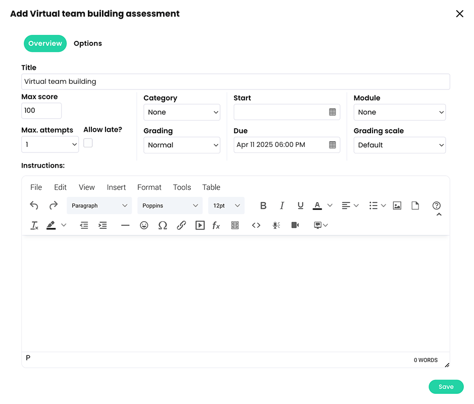 Add LTI assessment pop-up, Overview tab