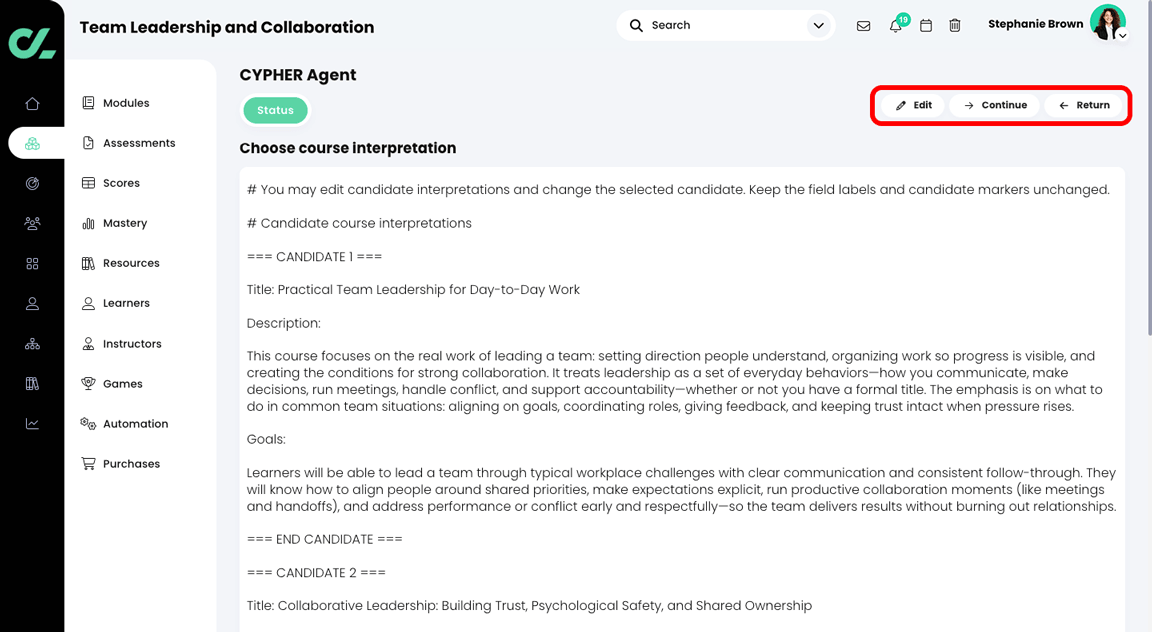CYPHER Agent Choose course interpretation Markdown file, with the Edit, Continue, and Return buttons highlighted
