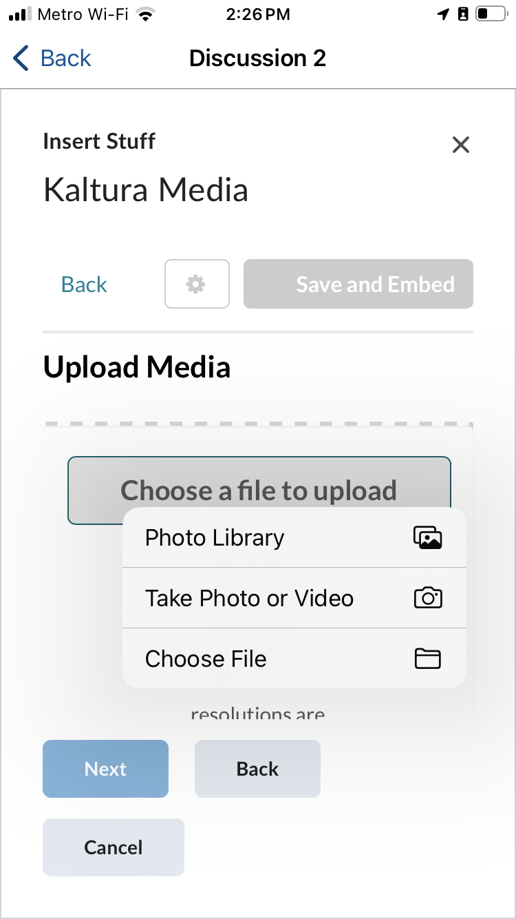 Photo Library is the first item in the menu followed by Take Photo or Video