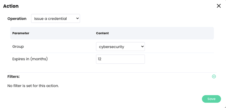Action pop-up with Issue a credential selection in the Operation drop-down menu, and an example Group credential selected with an expiration of 12 months entered