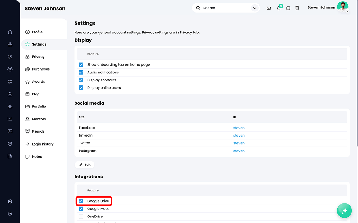 Nutzerprofil, Einstellungsseite mit aktivierter Google Drive-Option