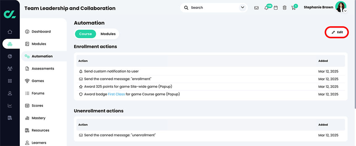 Course, Automation, Course tab with the Edit button highlighted