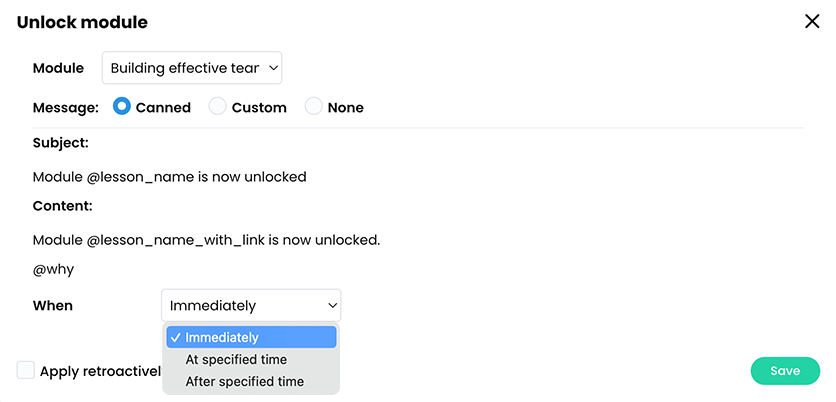 Unlock module pop-up with a module selected and the When menu active