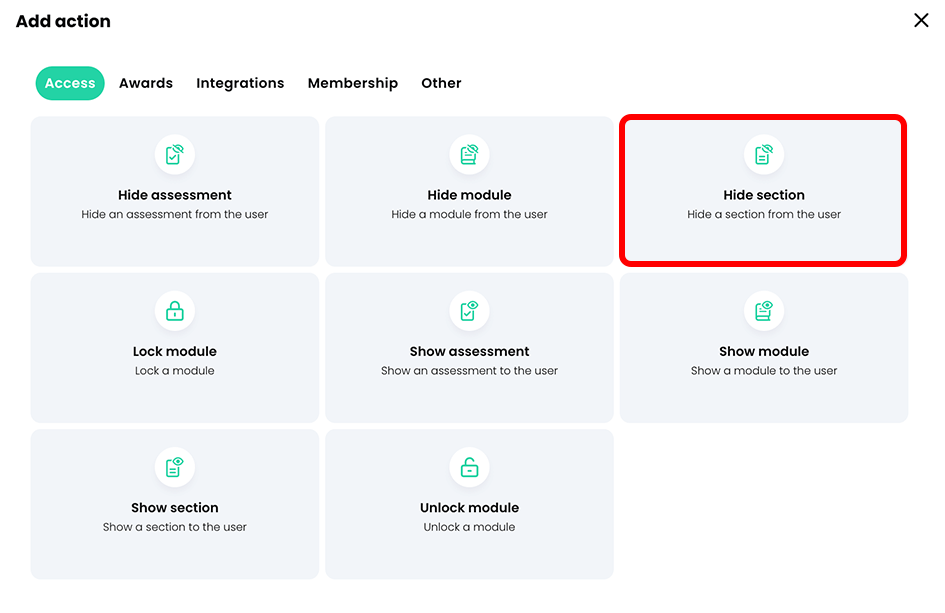 Add action pop-up, Access tab with the Hide section button highlighted