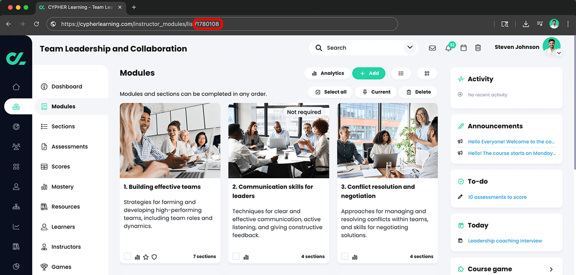 Course, Modules tab with the Course ID highlighted in the URL