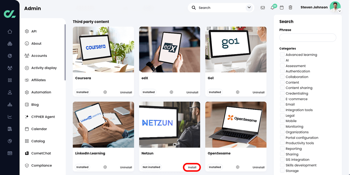 App center with the Install button highlighted on the Netzun tile
