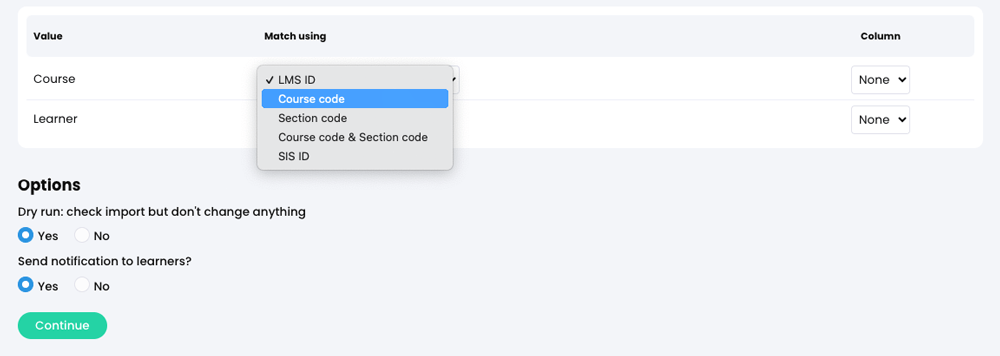 Admin, Import, Enrollments tab with the Course 'Match using' menu active