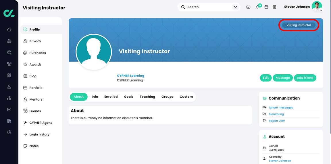 User profile picture with the Visiting instructor role highlighted on the account