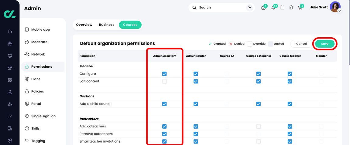 Admin, Permissions, Courses tab, Default organization permissions table with the Save button highlighted, and the Admin Assistant column editable and highlighted